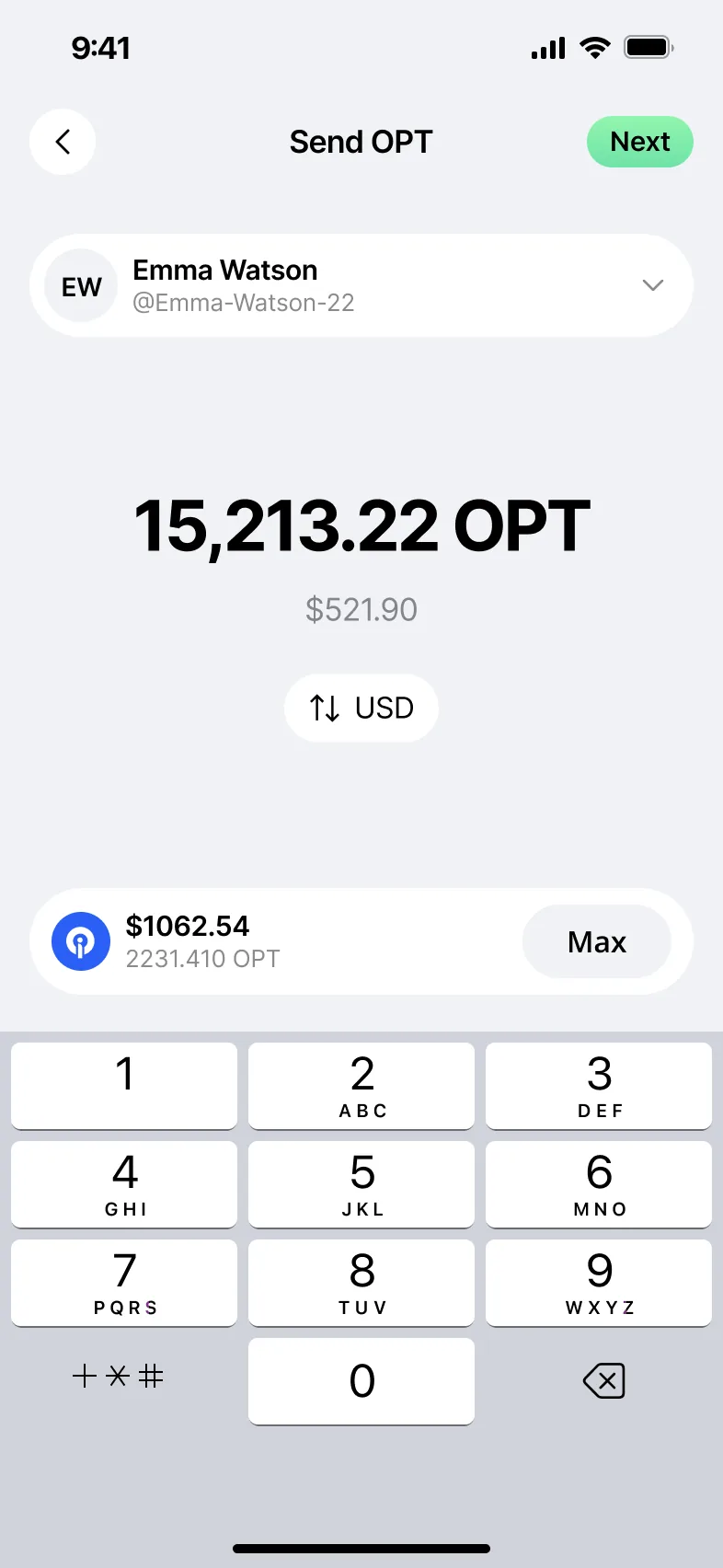 Send screen: recipient shown as a person with name and handle, amount in tokens with dollar value beneath