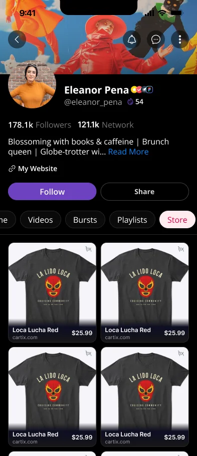 A creator profile with a Store tab alongside videos
