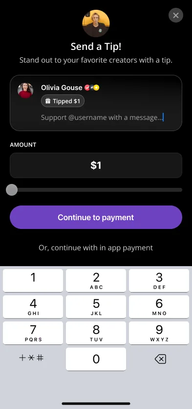The tip sheet: a preview of the chat message the tip becomes, a dollar amount with a slider, and a continue-to-payment button over the system keypad